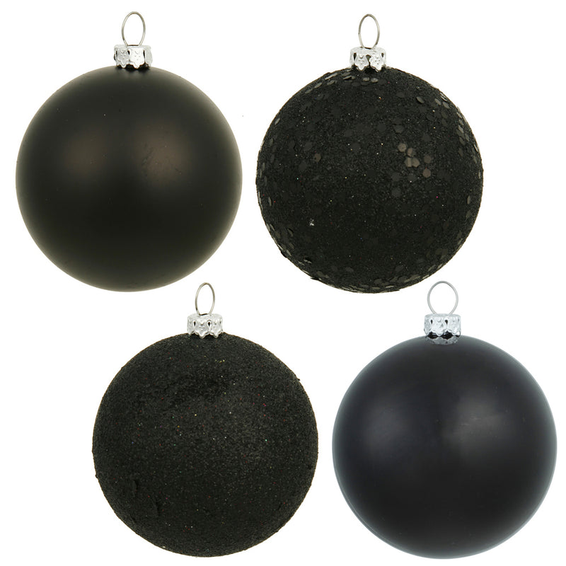 4" Black 4-Finish Ball Ornaments. Assorted Pack of 12