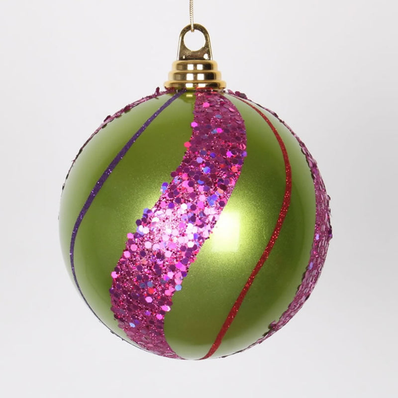 5.5" Lime with Multi-Color Candy Glitter Ball Ornament