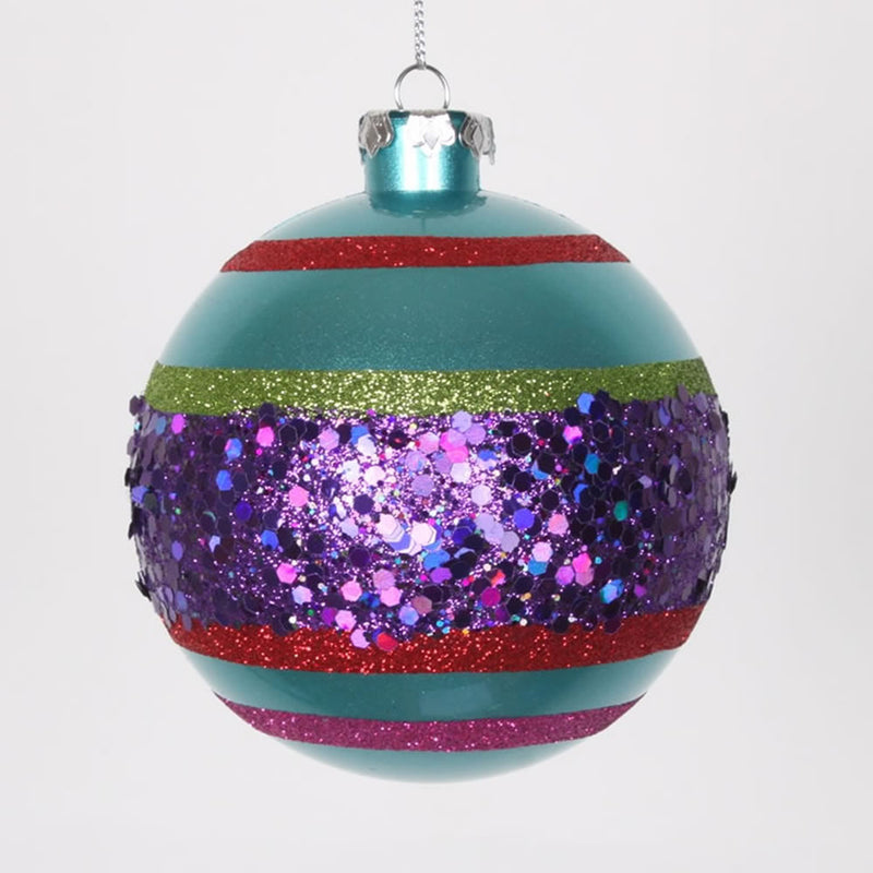 4" Teal with Multi-Color Glitter Ball Ornaments Set of 4