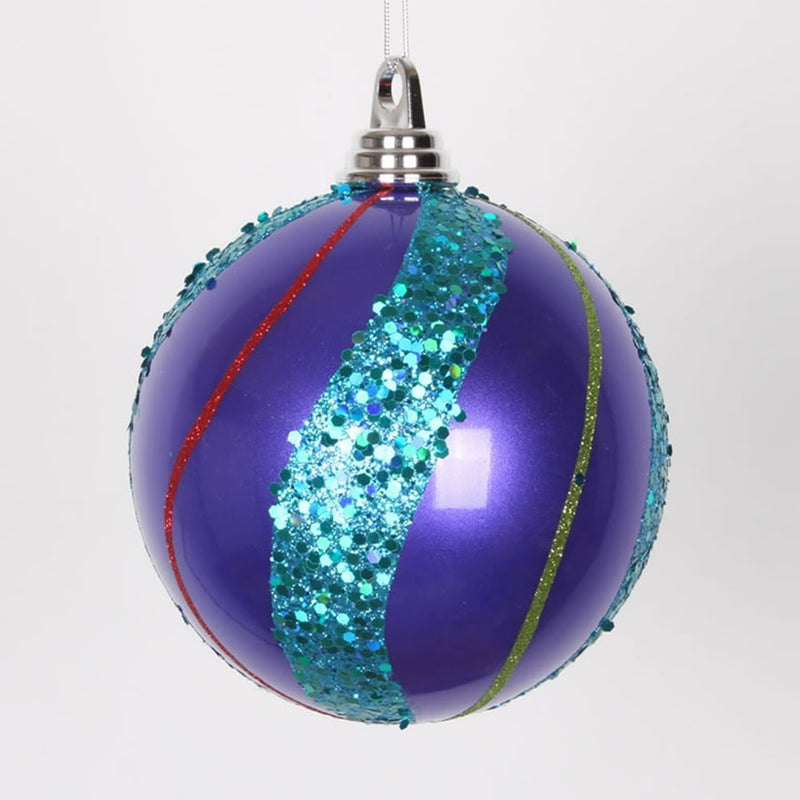 4" Purple with Multi-Color Glitter Ball Ornament Set of 4