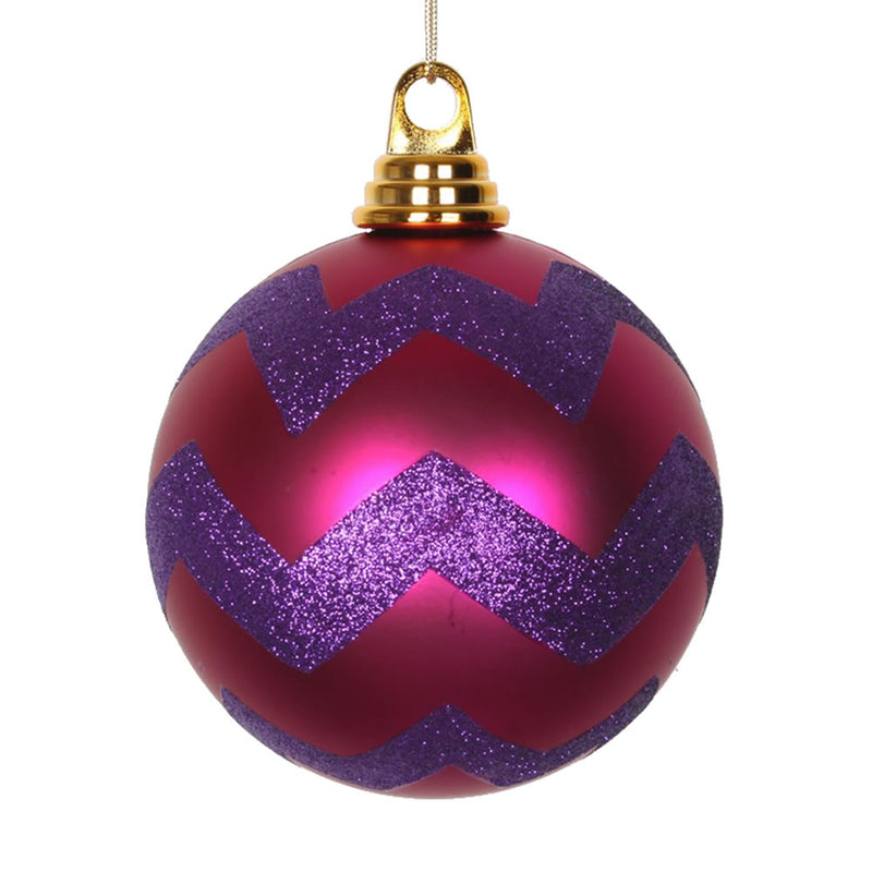 4.75" Cerise-Purple Matte-Glitter Chevron Ball Ornaments Set of 3