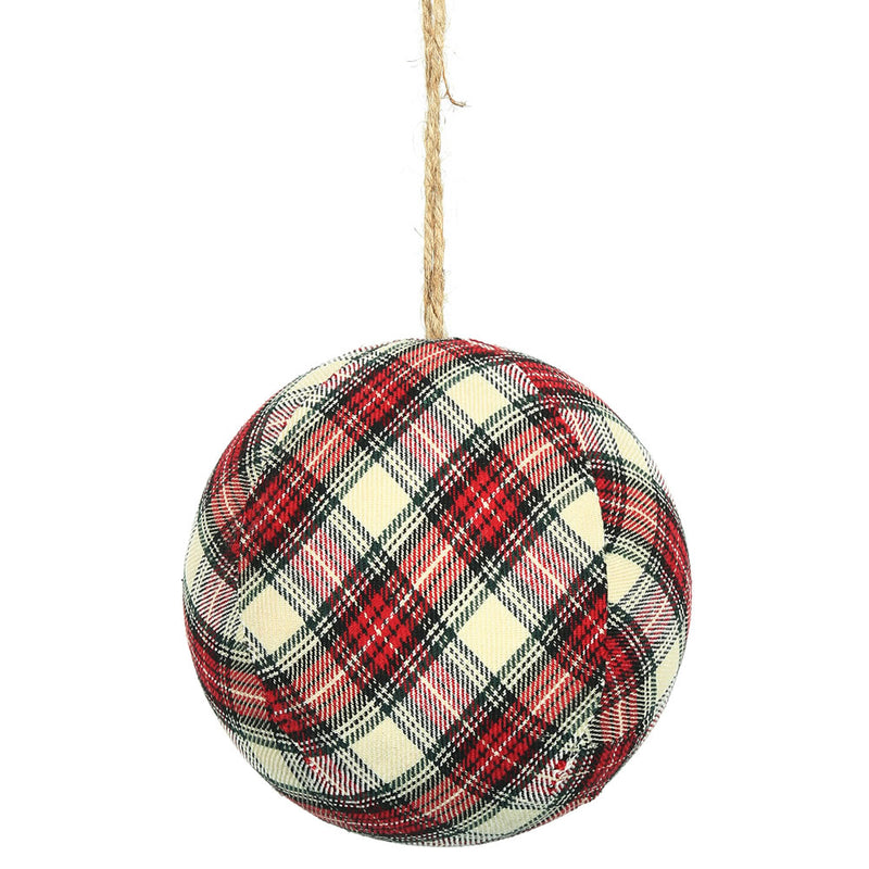 6" Red / White Fabric Plaid Ball Ornaments Set of 2