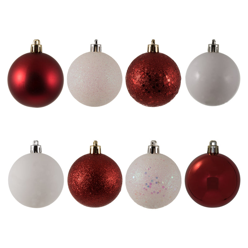 2.4" White-Red 4-Finish Ball Ornaments. Assorted Pack of 24