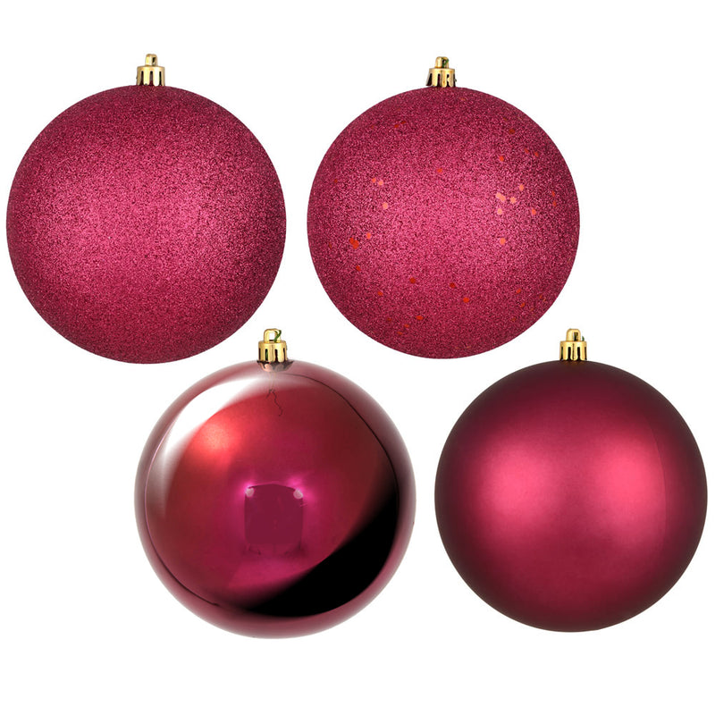 4" Berry Red 4-Finish Ball Ornaments. Assorted Pack of 12