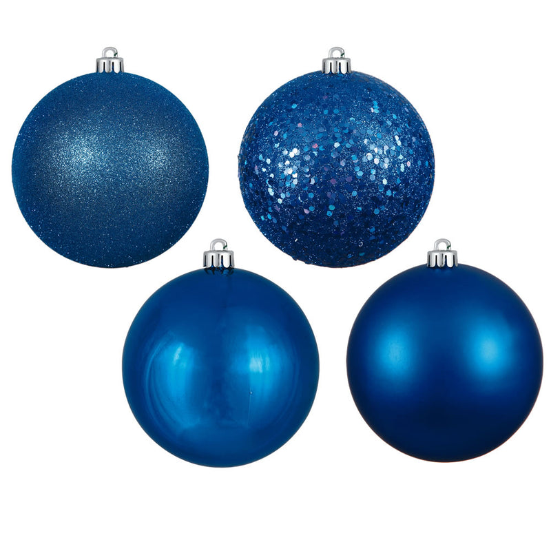 4" Blue 4-Finish Ball Ornaments. Assorted Pack of 12