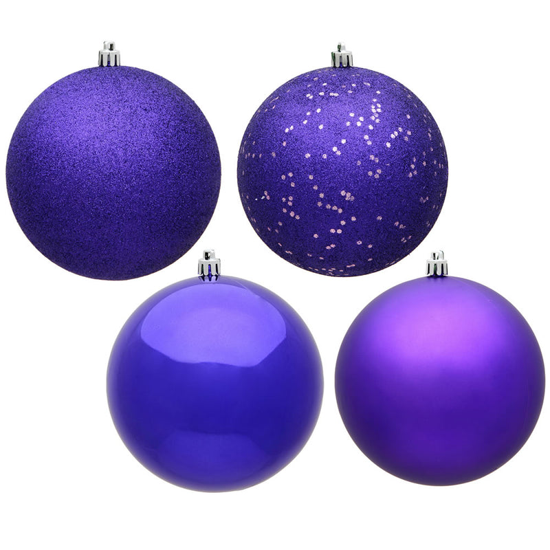 4" Purple 4-Finish Ball Ornaments. Assorted Pack of 12