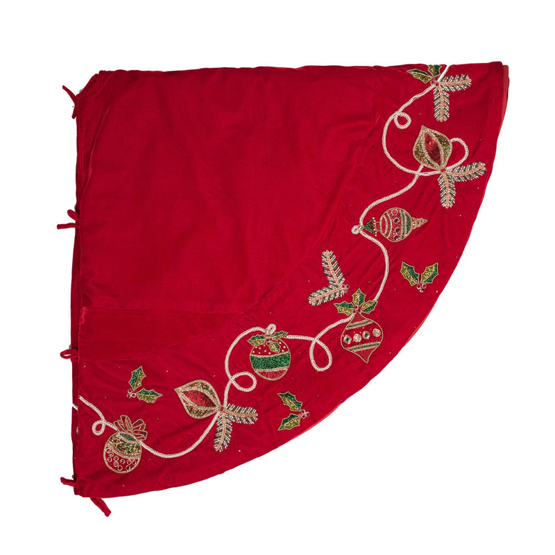 72" Red Beaded Ornament Velvet Tree Skirt